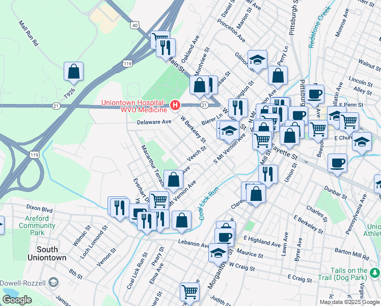map of restaurants, bars, coffee shops, grocery stores, and more near 36 Woodlawn Avenue in Uniontown