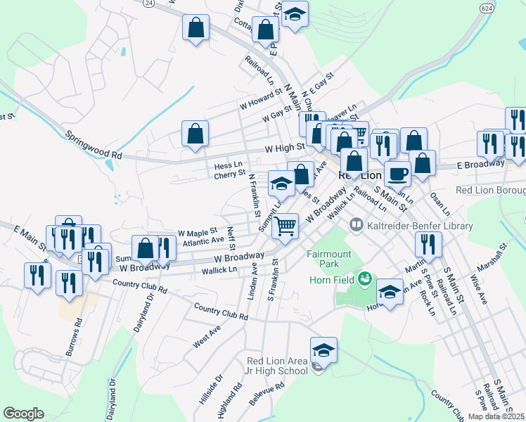 map of restaurants, bars, coffee shops, grocery stores, and more near 217 North Franklin Street in Red Lion