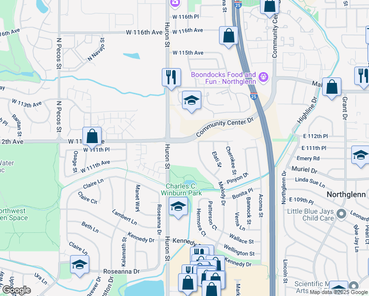 map of restaurants, bars, coffee shops, grocery stores, and more near 11210 Huron Street in Northglenn