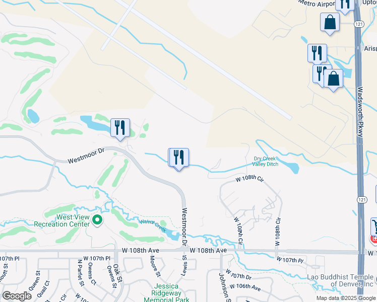 map of restaurants, bars, coffee shops, grocery stores, and more near 10225 Westmoor Drive in Westminster