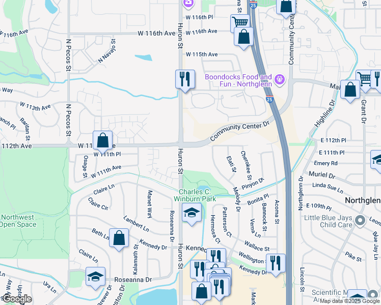 map of restaurants, bars, coffee shops, grocery stores, and more near 11210 Huron Street in Northglenn