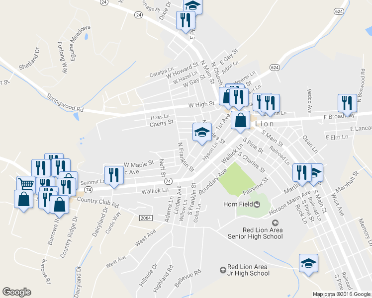 map of restaurants, bars, coffee shops, grocery stores, and more near 217 North Franklin Street in Red Lion