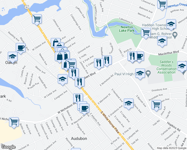 map of restaurants, bars, coffee shops, grocery stores, and more near 38 East Kraft Avenue in Oaklyn