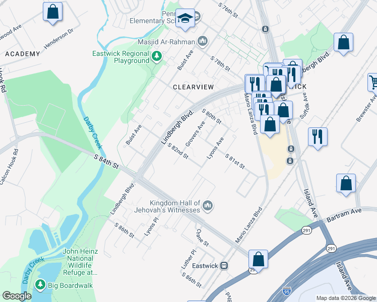 map of restaurants, bars, coffee shops, grocery stores, and more near 8114 Grovers Avenue in Philadelphia