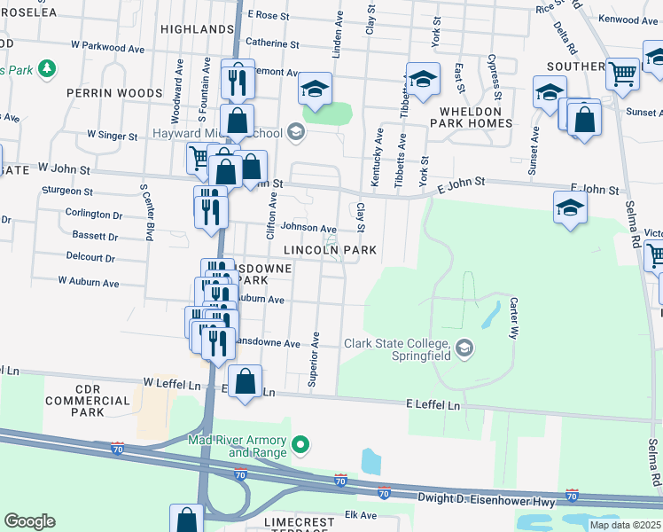 map of restaurants, bars, coffee shops, grocery stores, and more near 411 Indiana Avenue in Springfield