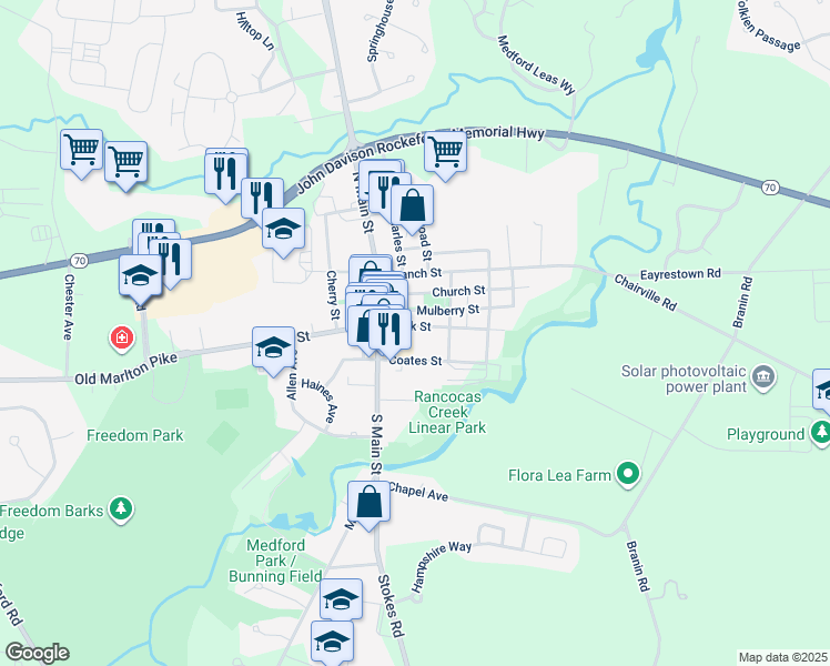 map of restaurants, bars, coffee shops, grocery stores, and more near 33 Bank Street in Medford