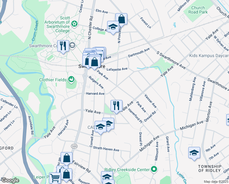 map of restaurants, bars, coffee shops, grocery stores, and more near 410 Harvard Avenue in Swarthmore