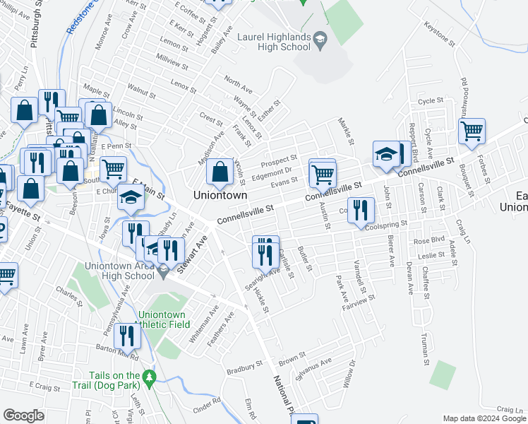 map of restaurants, bars, coffee shops, grocery stores, and more near in Uniontown