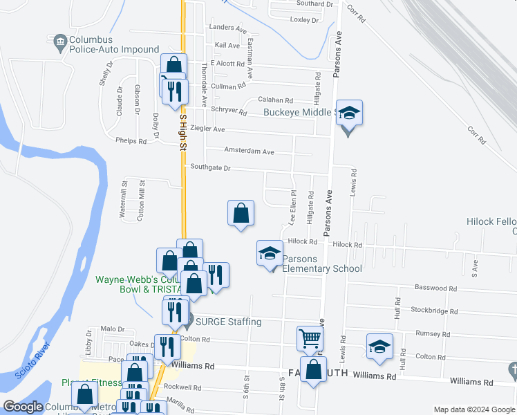 map of restaurants, bars, coffee shops, grocery stores, and more near 3033 Markham Road in Columbus