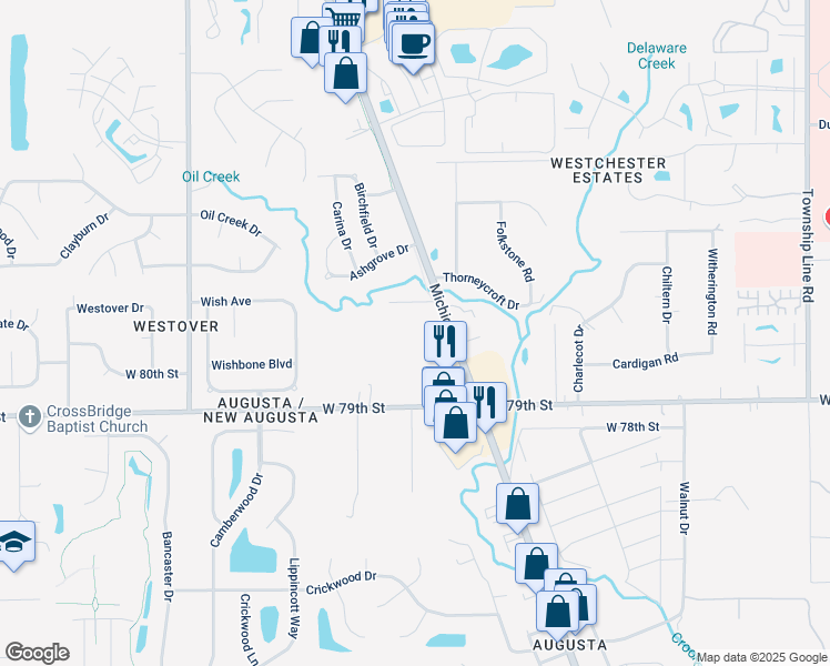 map of restaurants, bars, coffee shops, grocery stores, and more near 3327 Decker Ridge Drive in Indianapolis
