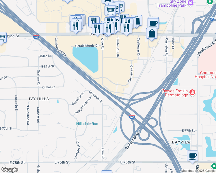 map of restaurants, bars, coffee shops, grocery stores, and more near 7999 Knue Road in Indianapolis