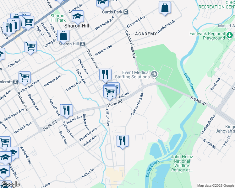 map of restaurants, bars, coffee shops, grocery stores, and more near 1024 Pine Road in Sharon Hill