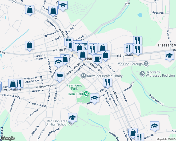 map of restaurants, bars, coffee shops, grocery stores, and more near 39 Henrietta Street in Red Lion