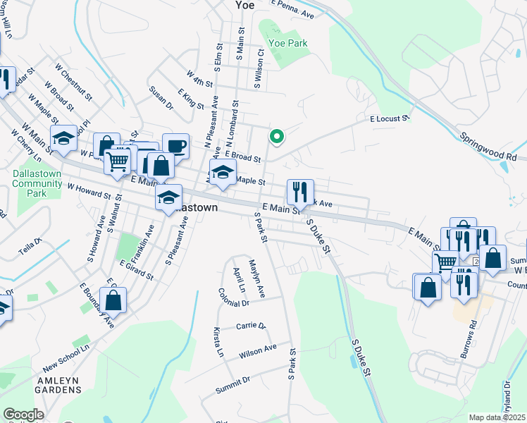 map of restaurants, bars, coffee shops, grocery stores, and more near 412 East Main Street in Dallastown