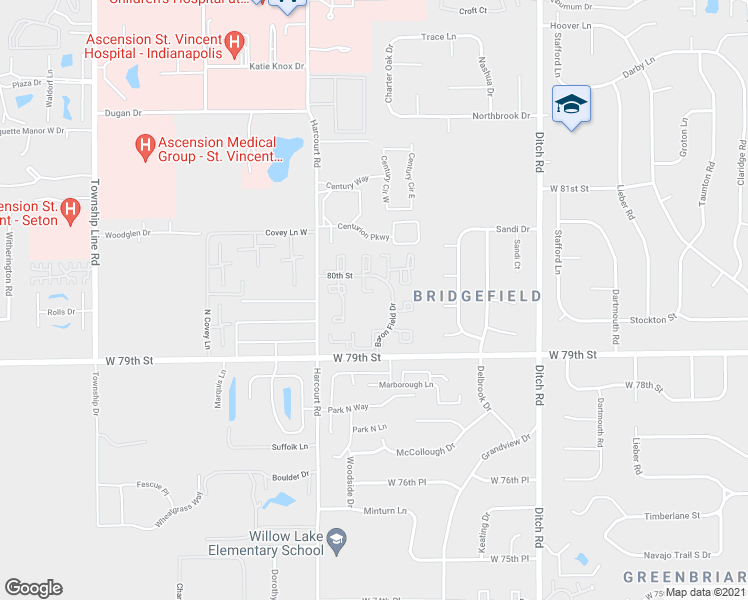 map of restaurants, bars, coffee shops, grocery stores, and more near 8005 Harcourt Road in Indianapolis