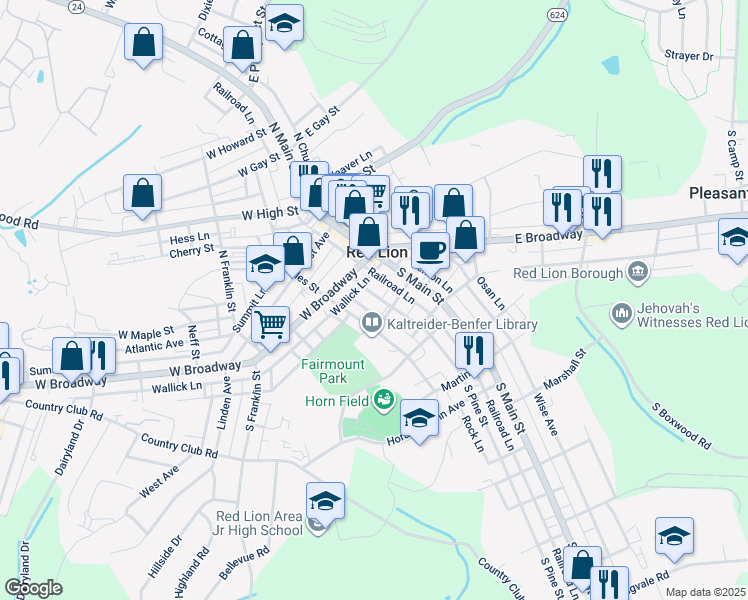 map of restaurants, bars, coffee shops, grocery stores, and more near 46 South Pine Street in Red Lion