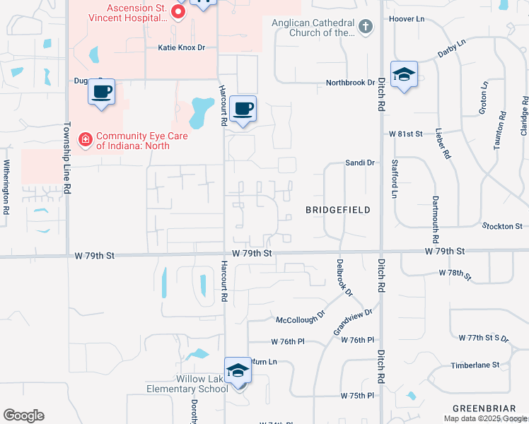 map of restaurants, bars, coffee shops, grocery stores, and more near 8015 Silverleaf Drive in Indianapolis