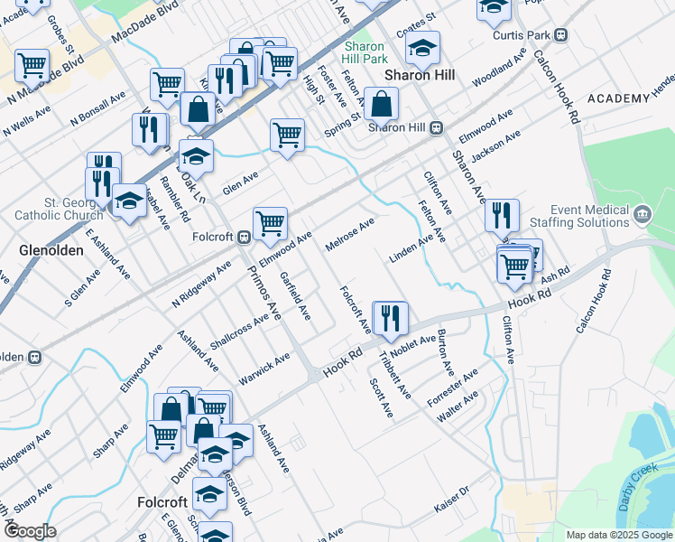 map of restaurants, bars, coffee shops, grocery stores, and more near 623 Folcroft Avenue in Sharon Hill