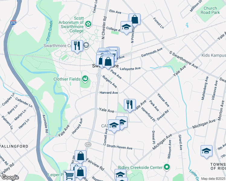 map of restaurants, bars, coffee shops, grocery stores, and more near 509 Harvard Avenue in Swarthmore