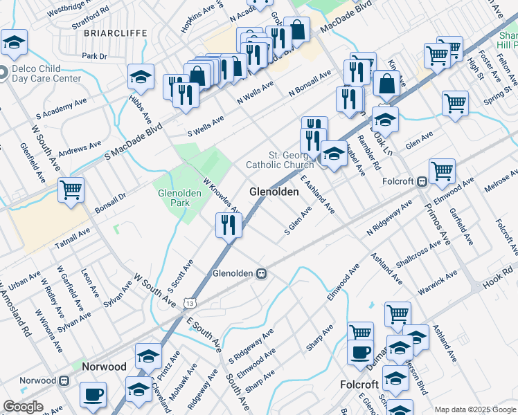 map of restaurants, bars, coffee shops, grocery stores, and more near 110 South Chester Pike in Glenolden
