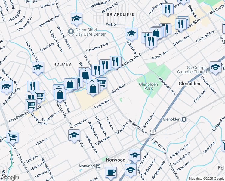 map of restaurants, bars, coffee shops, grocery stores, and more near 400 Benson Avenue in Glenolden