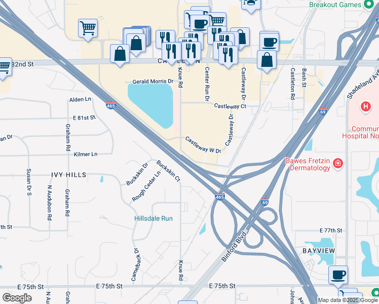 map of restaurants, bars, coffee shops, grocery stores, and more near 7999 Knue Road in Indianapolis
