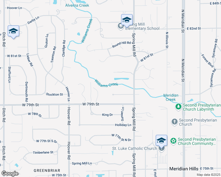 map of restaurants, bars, coffee shops, grocery stores, and more near 7960 Spring Mill Road in Indianapolis