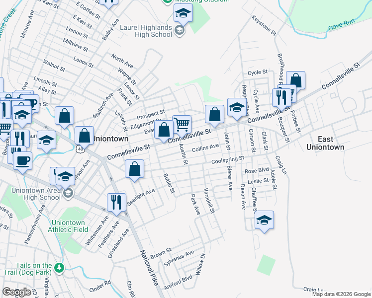 map of restaurants, bars, coffee shops, grocery stores, and more near 67 Collins Avenue in Uniontown