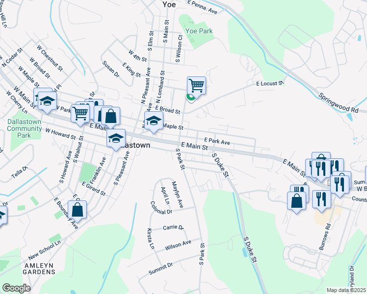 map of restaurants, bars, coffee shops, grocery stores, and more near 412 East Main Street in Dallastown
