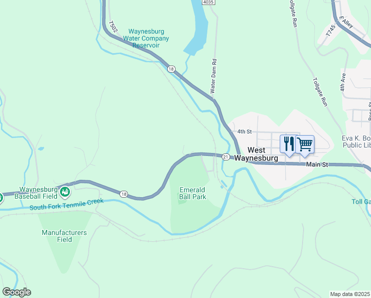 map of restaurants, bars, coffee shops, grocery stores, and more near 102 Gensler Lane in Waynesburg