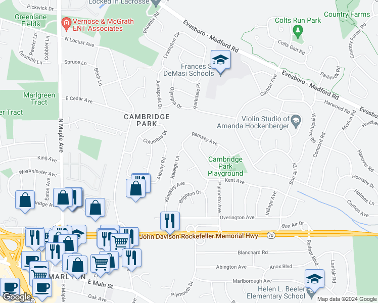 map of restaurants, bars, coffee shops, grocery stores, and more near 108 Kent Avenue in Evesham