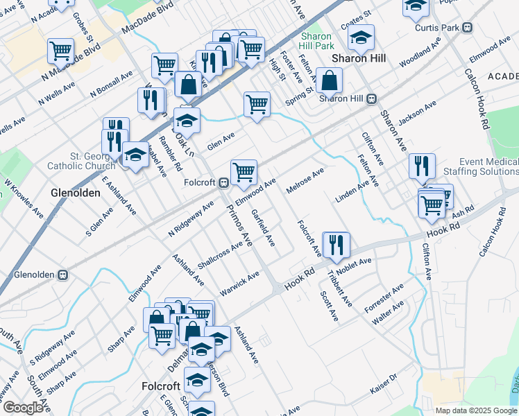 map of restaurants, bars, coffee shops, grocery stores, and more near 1521 Elmwood Avenue in Folcroft
