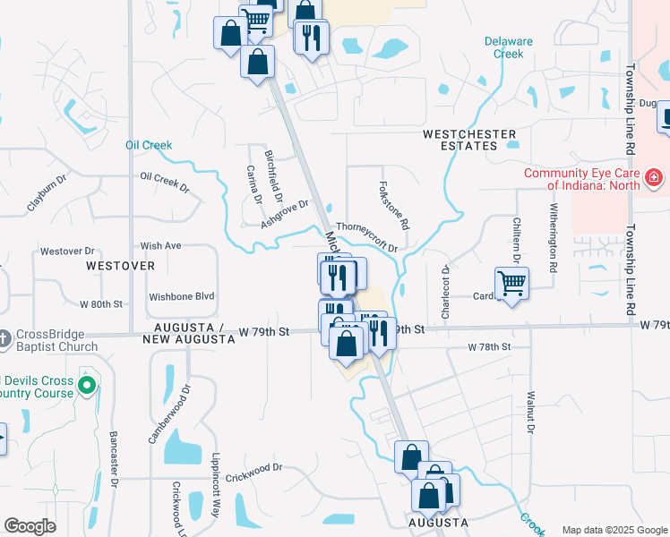 map of restaurants, bars, coffee shops, grocery stores, and more near 7929 North Michigan Road in Indianapolis