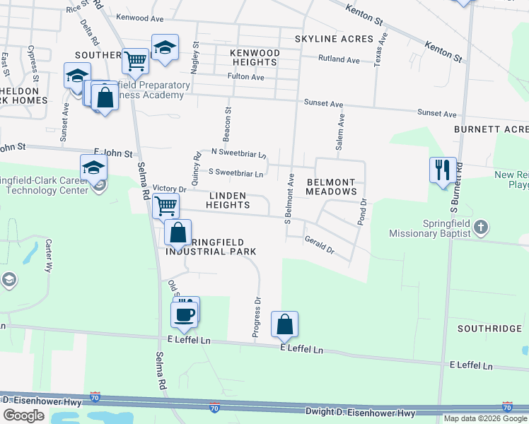 map of restaurants, bars, coffee shops, grocery stores, and more near 1831 Victory Drive in Springfield