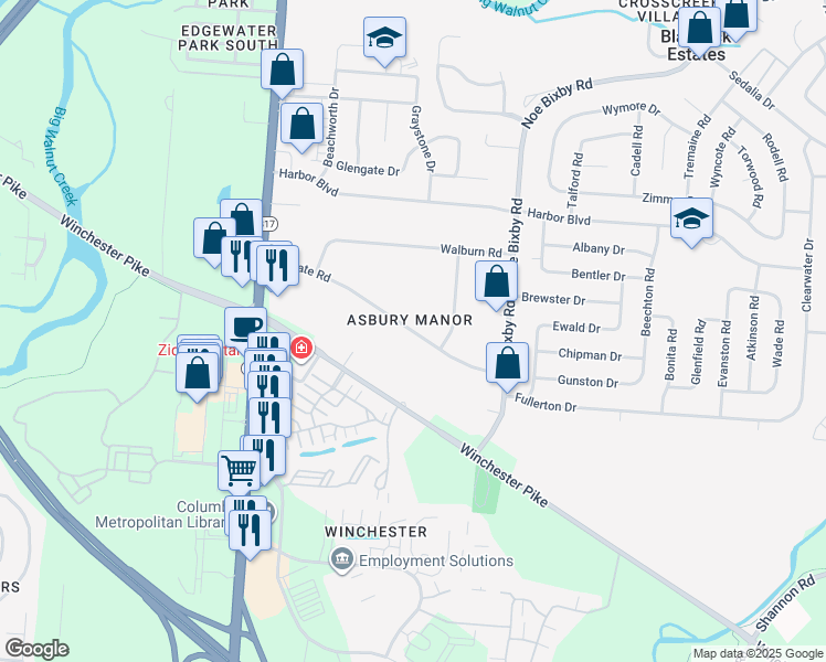 map of restaurants, bars, coffee shops, grocery stores, and more near 4647 Wingate Road in Columbus