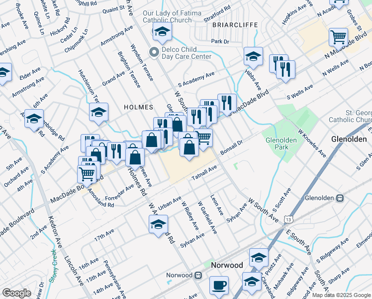 map of restaurants, bars, coffee shops, grocery stores, and more near 2600 MacDade Boulevard in Holmes