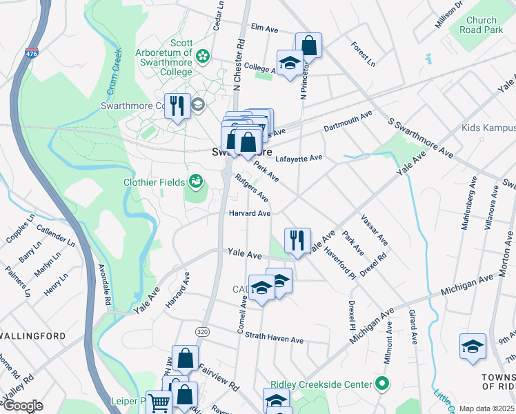 map of restaurants, bars, coffee shops, grocery stores, and more near 509 Harvard Avenue in Swarthmore