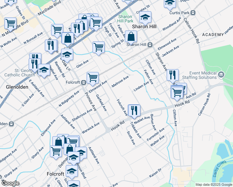 map of restaurants, bars, coffee shops, grocery stores, and more near 623 Folcroft Avenue in Sharon Hill