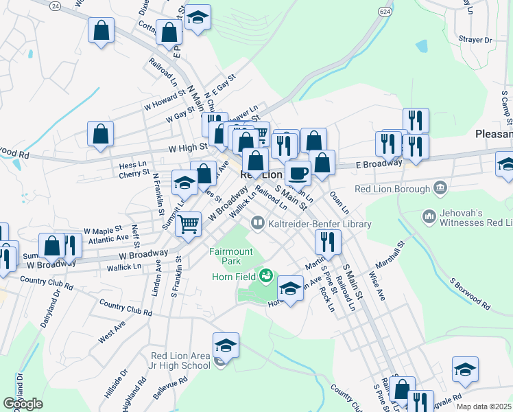 map of restaurants, bars, coffee shops, grocery stores, and more near 40 South Pine Street in Red Lion