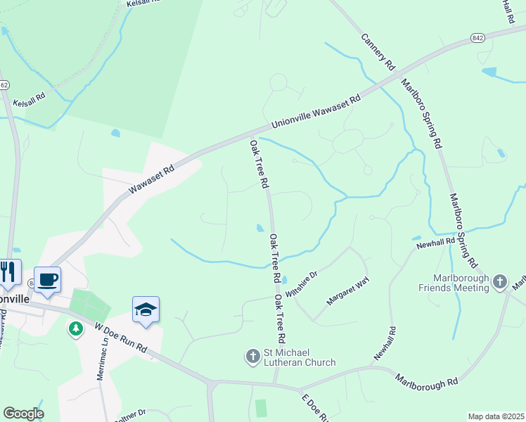 map of restaurants, bars, coffee shops, grocery stores, and more near 841 Oak Tree Road in Kennett Square