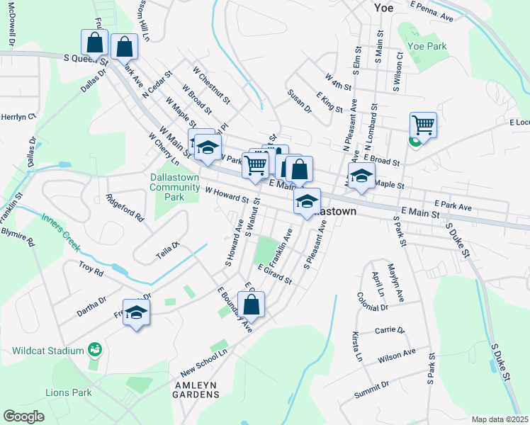 map of restaurants, bars, coffee shops, grocery stores, and more near 14 East Howard Street in Dallastown