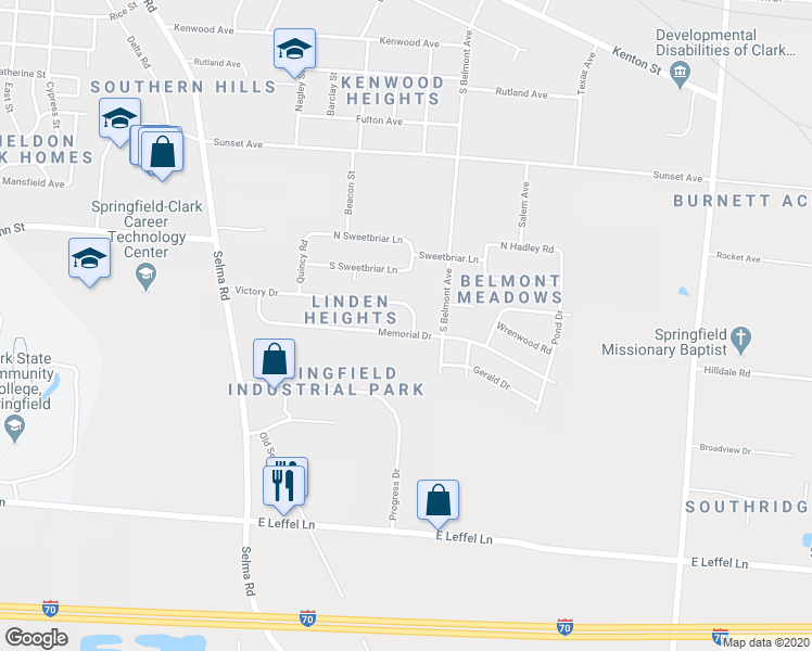 map of restaurants, bars, coffee shops, grocery stores, and more near 1832 Memorial Drive in Springfield