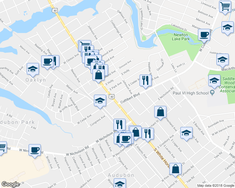 map of restaurants, bars, coffee shops, grocery stores, and more near 8 East Cedar Avenue in Oaklyn