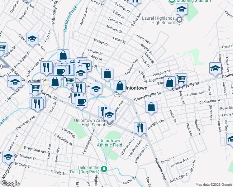map of restaurants, bars, coffee shops, grocery stores, and more near 0 South Pennsylvania Avenue in Uniontown