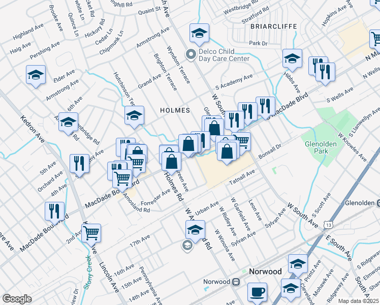 map of restaurants, bars, coffee shops, grocery stores, and more near 311 Highland Terrace in Holmes
