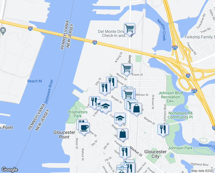 map of restaurants, bars, coffee shops, grocery stores, and more near 221 Hudson Street in Gloucester City