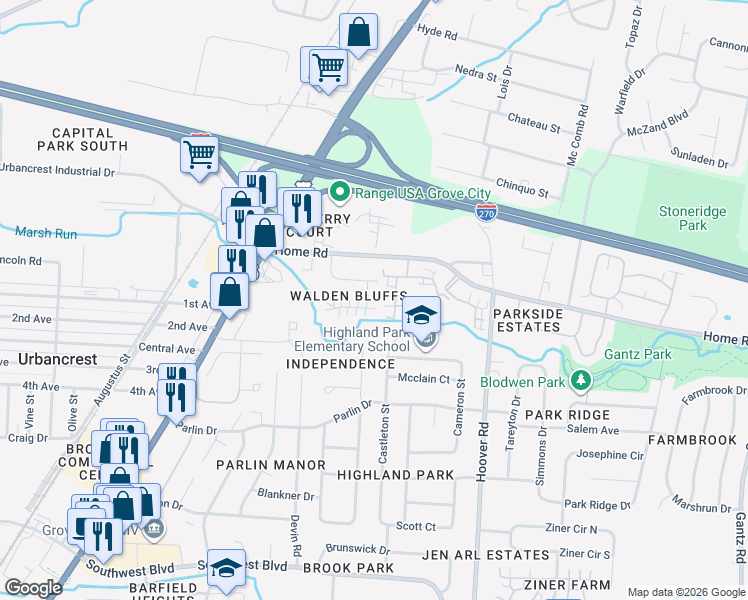 map of restaurants, bars, coffee shops, grocery stores, and more near 3122 Walden Place in Grove City