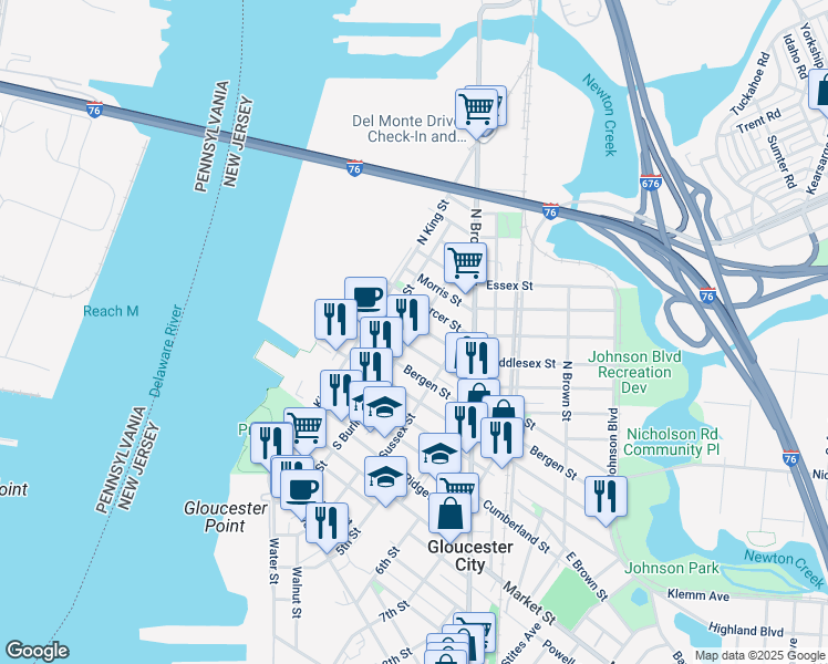 map of restaurants, bars, coffee shops, grocery stores, and more near 219 Middlesex Street in Gloucester City