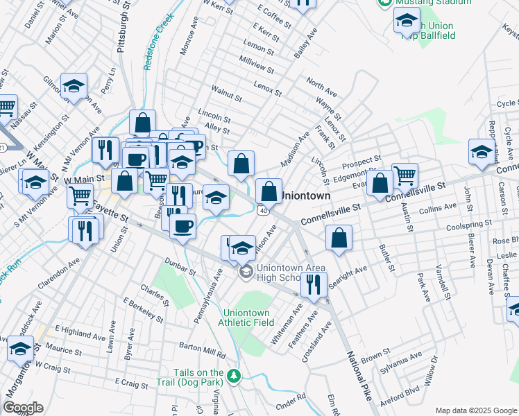 map of restaurants, bars, coffee shops, grocery stores, and more near 185 East Main Street in Uniontown