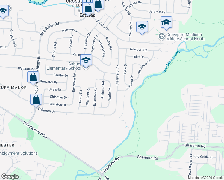 map of restaurants, bars, coffee shops, grocery stores, and more near 3800 Wade Road in Columbus